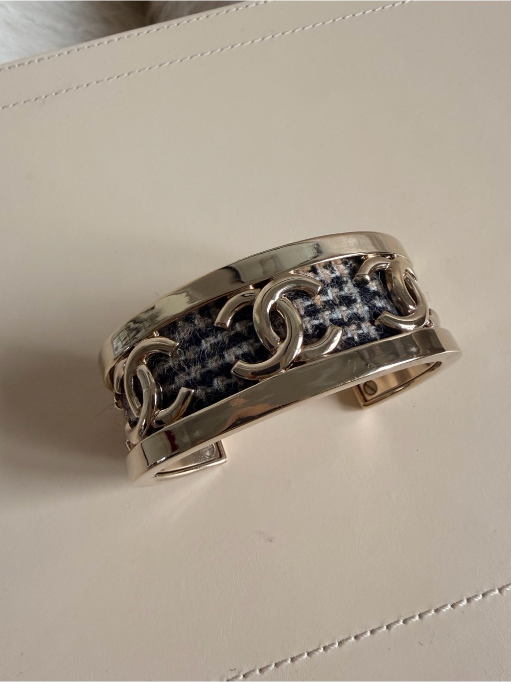 CHANEL Silver Tweed CC Link Cuff Bracelet - Black & White